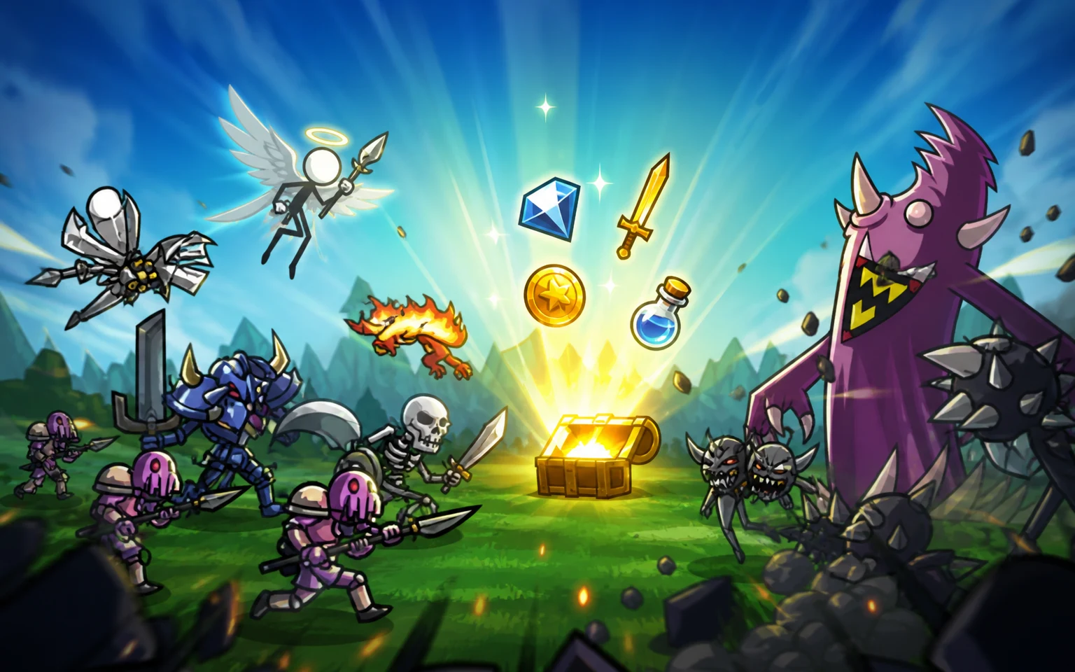 Cartoon Wars illustration of rival armies and battle rewards between two castles